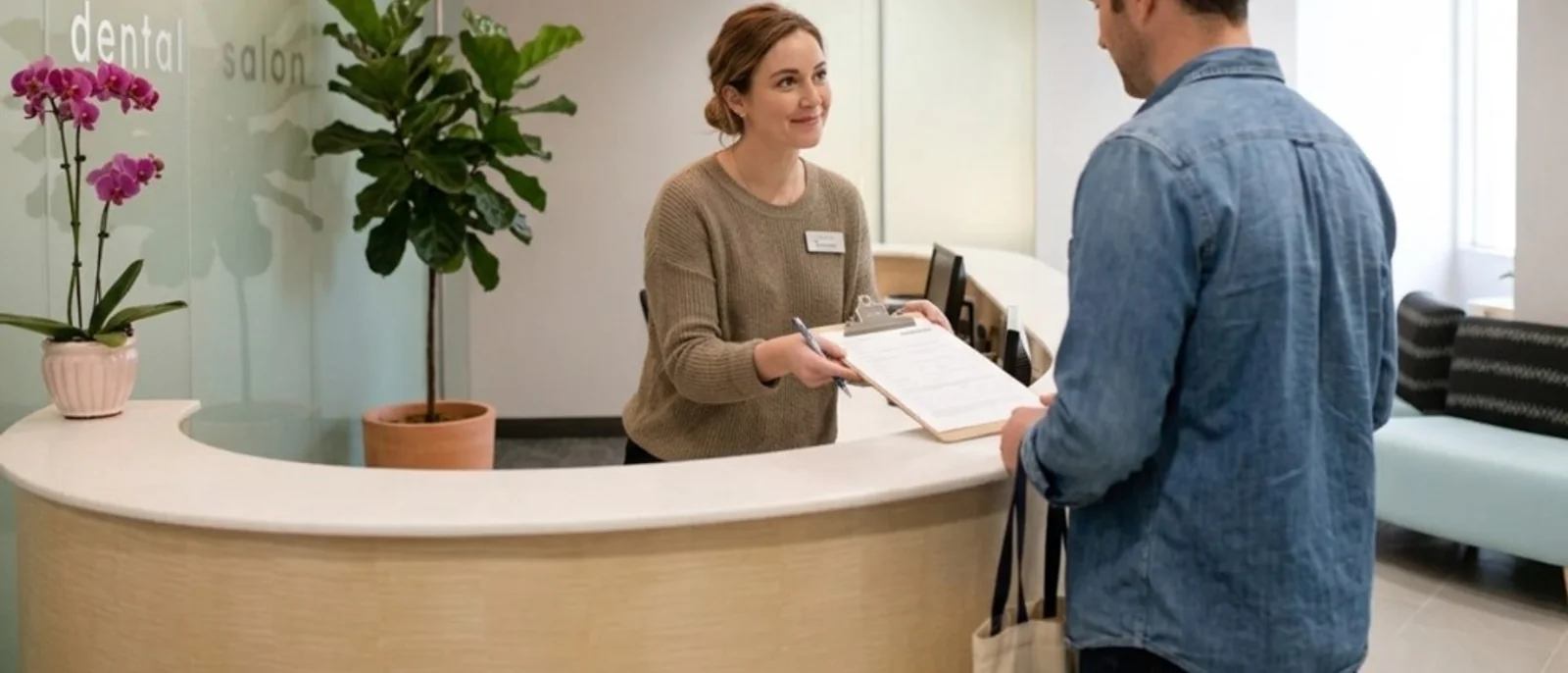 Patient receiving a clipboard at the Dental Salon front desk